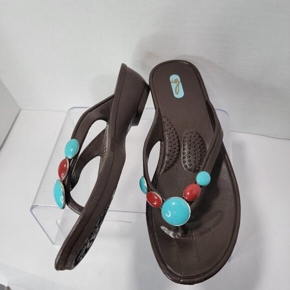 OKAL Womens Sandals Flip Flop‎ Thong Sz M/L Brown Turquoise Red Beach Boho Artsy - Picture 4 of 9